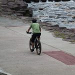 Ciclista percorre um caminho arborizado junto a um rio.